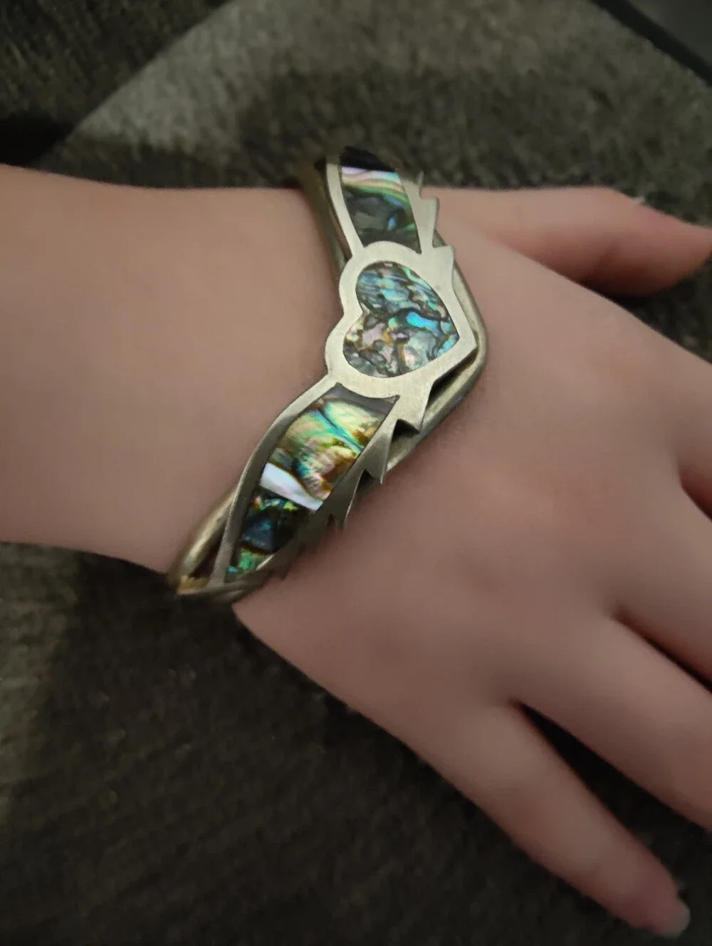 Vintage Mexico Abalone Shell Heart Wing Cuff Bracelet Alpaca Silver Tone